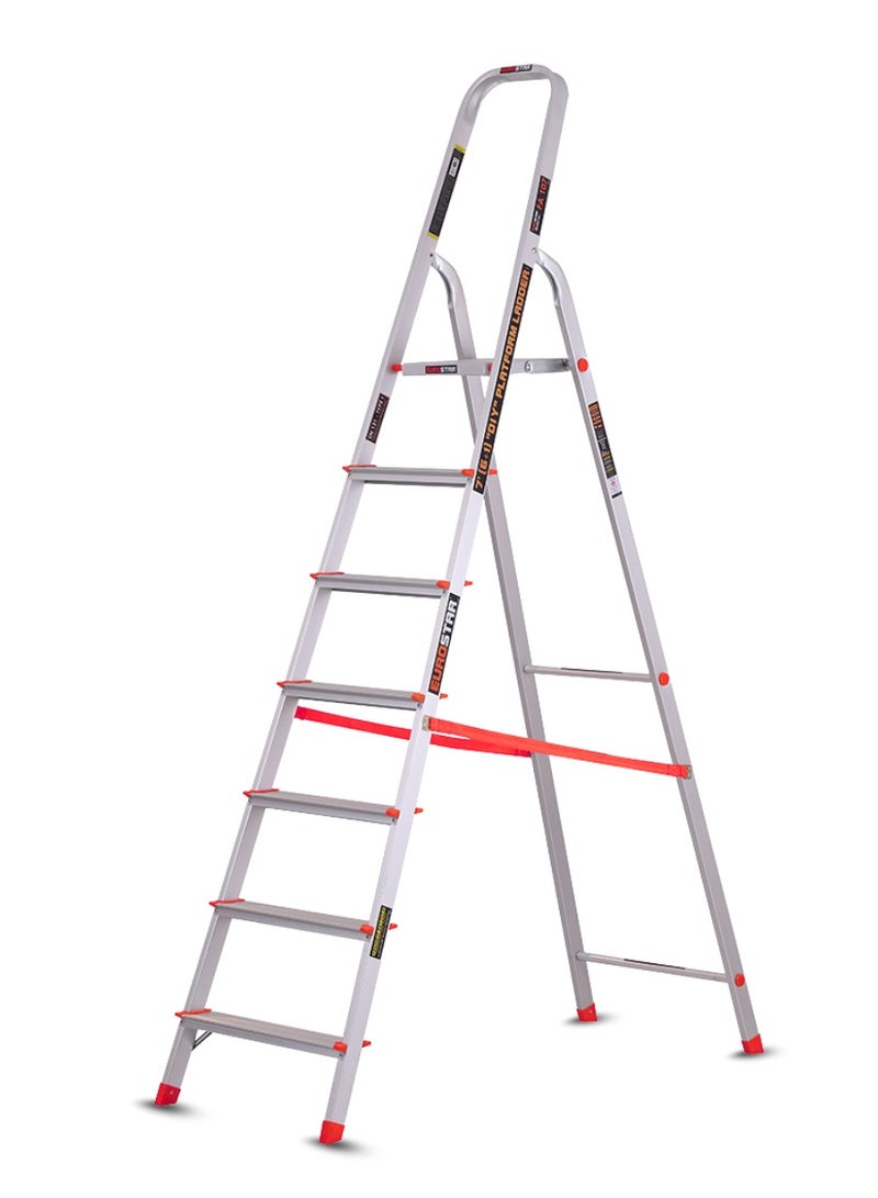 يوروستار سلم خفيف الوزن وقوي مكون من 7 درجات للمنزل مع أحذية مضادة للانزلاق سلم من الألومنيوم (مع منصة) - Image 1